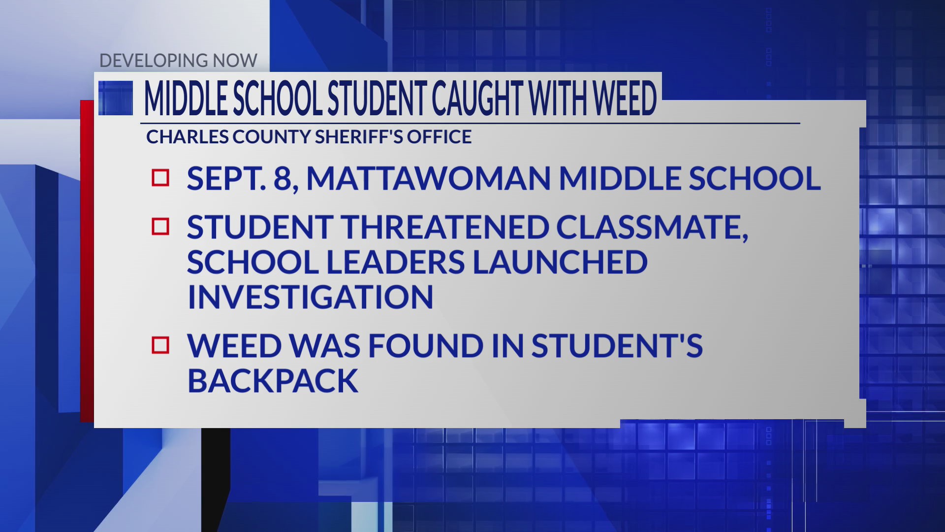 Middle School Student Found With Cannabis In Bookbag Charles County