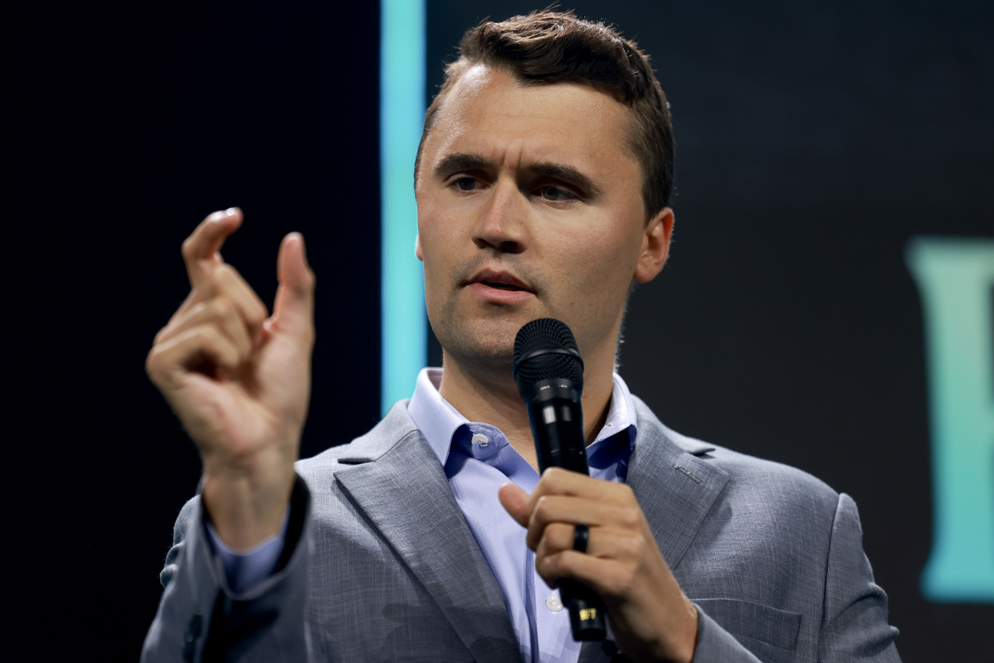 WEST PALM BEACH, FLORIDA—JULY 26: Charlie Kirk, who founded Turning Point USA, speaks before former President Donald Trump's arrival during a Turning Point USA Believers Summit conference at the Palm Beach Convention Center on July 26, 2024 in West Palm Beach, Florida. Trump had earlier in the day met with Israeli Prime Minister Benjamin Netanyahu at Mar-a-Lago. (Photo by Joe Raedle/Getty Images)