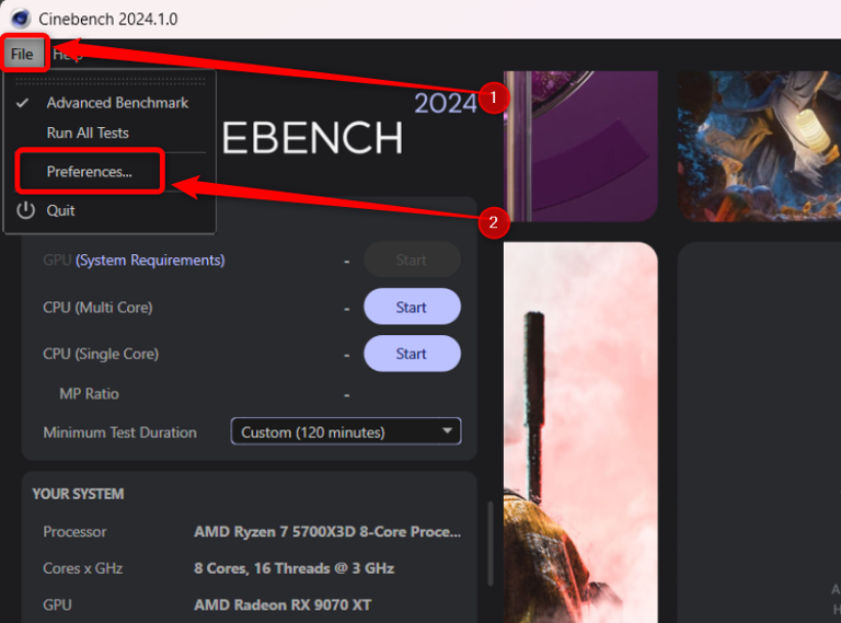 Cinebench 24 with its preferences menu selected. 