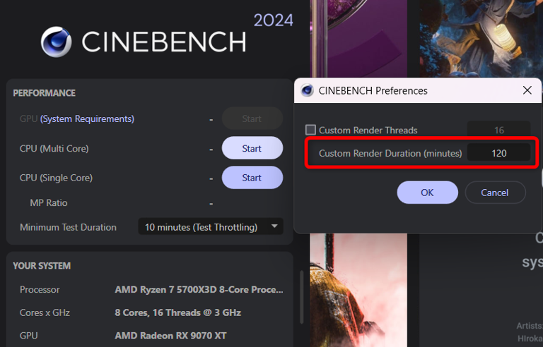 Setting a custom CPU benchmark duration in Cinebench 24. 