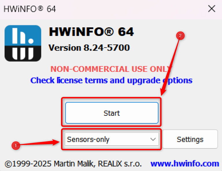 HWiNFO startup screen with the "Sensors Only" option activated. 
