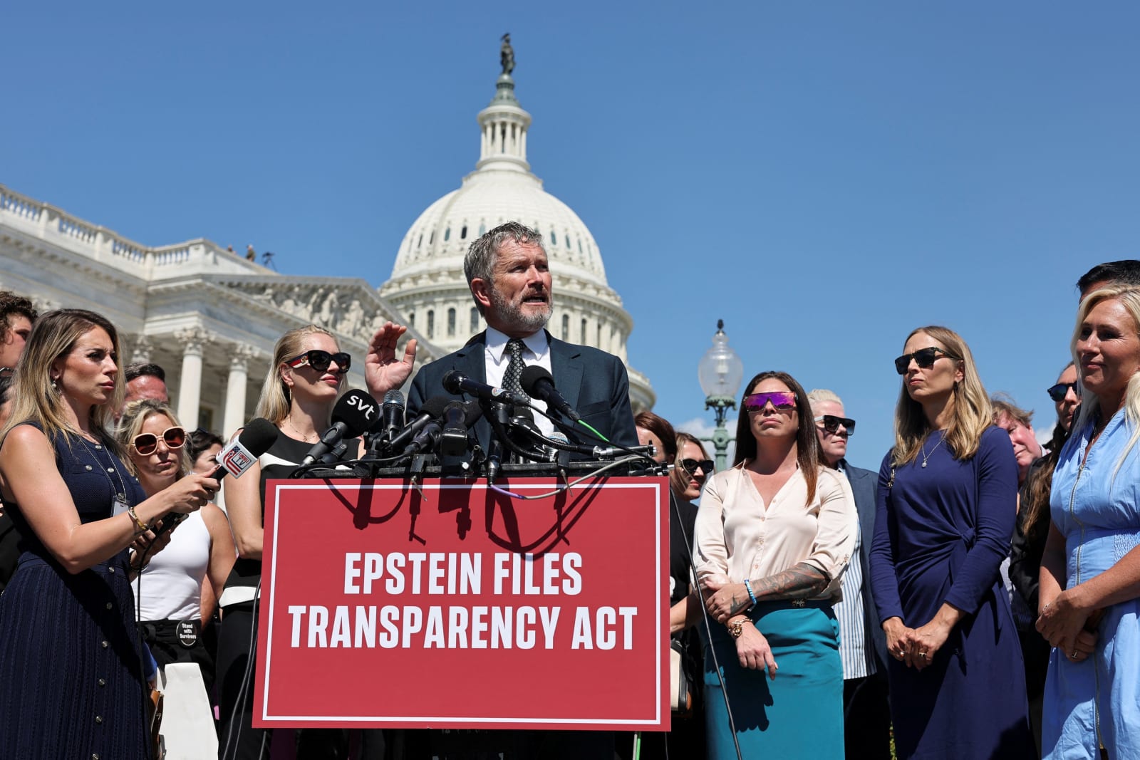 U.S. Representative Thomas Massie speaks during a press conference to discuss the Epstein Files Transparency bill, directing the release of the remaining files related to the investigations into Jeffrey Epstein and Ghislaine Maxwell, on Capitol Hill in Washington, D.C., U.S., September 3, 2025. REUTERS/Jonathan Ernst