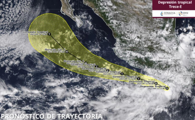 Suspenden las clases en zonas de Guerrero por depresión tropical 13-E (11/09/2025). Foto: CONAGUA