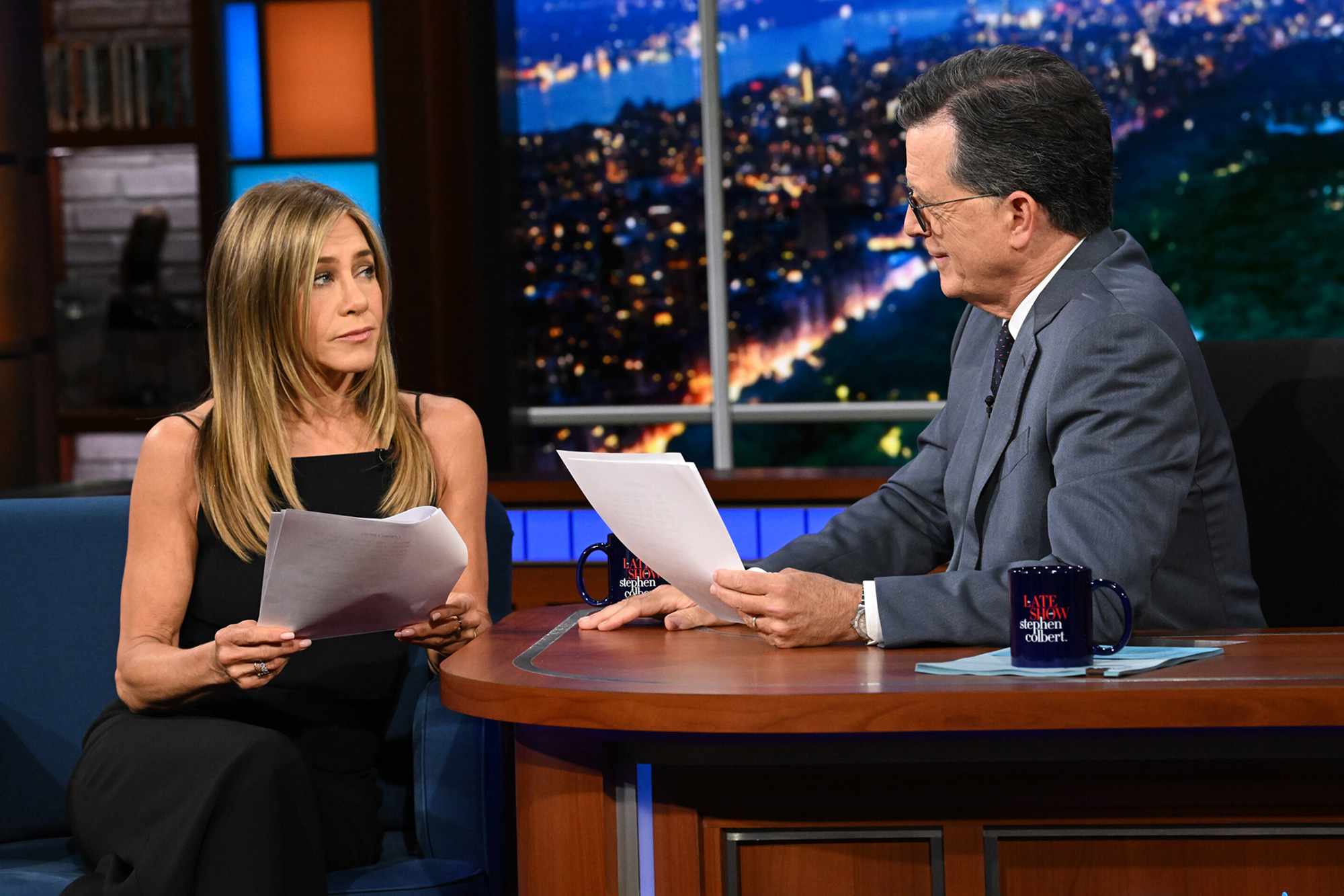 Scott Kowalchyk/CBS Jennifer Aniston and Stephen Colbert on 'The Late Show With Stephen Colbert'