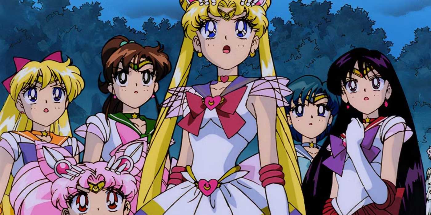 Sailor Moon's Sailor Scouts all staring up and looking angry or surprised.