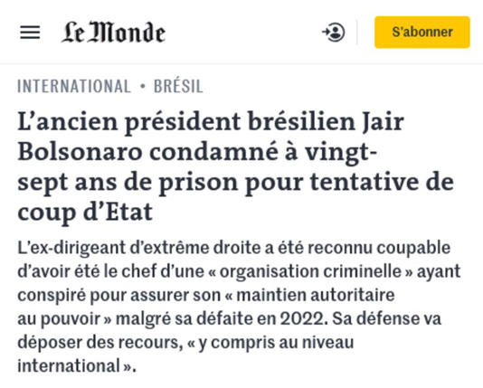 Condenação de Bolsonaro é destaque no 'Le Monde', da França Foto: Reprodução