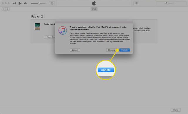 Update option for an iPad highlighted in Recovery Mode