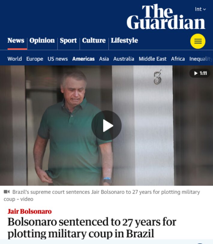 'The Guardian' destaca condenação de Bolsonaro, mas relembra articulação no Congresso por anistia ao ex-presidente Foto: Reprodução