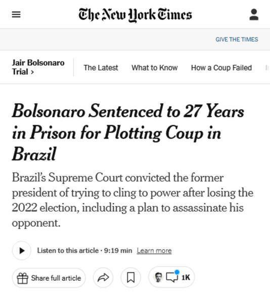 Condenação de Bolsonaro é destaque no The New York Times Foto: Reprodução