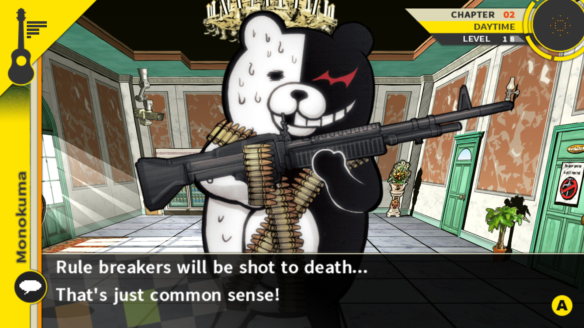 Monokuma holding a machine gun during one of the best anime games, Danganronpa 2: Goodbye Despair.