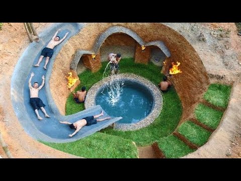 Building the most secret underground house and water slide around ...