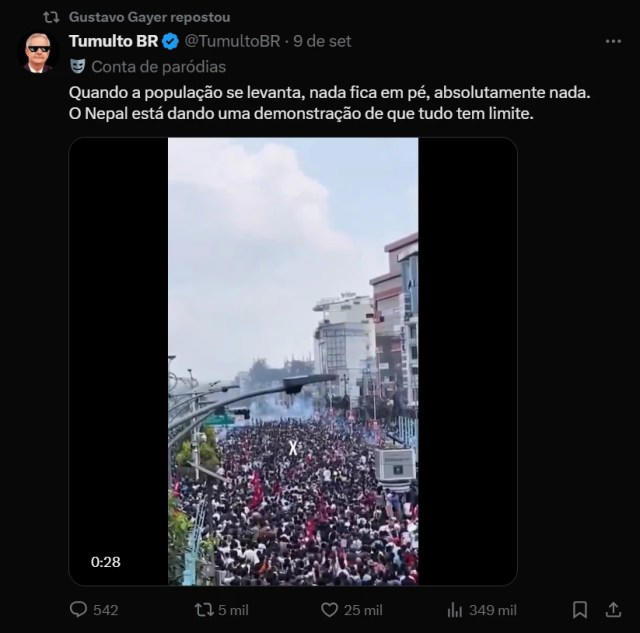 Publicação em rede social sobre o conflito civil no Nepal