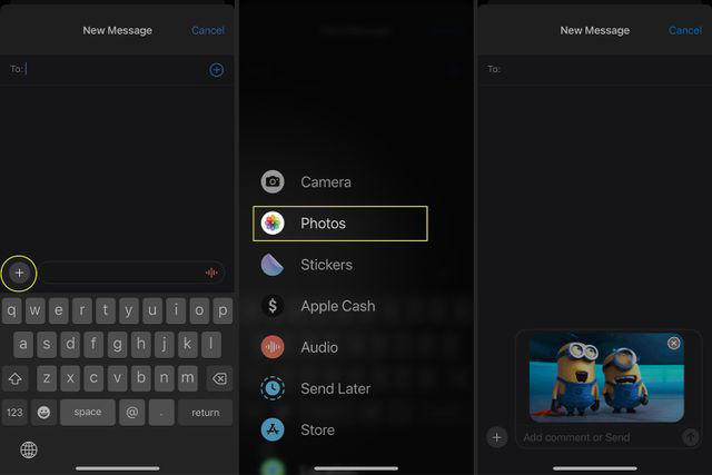 Screenshots showing steps to send a GIF on an iPhone in the Messages app