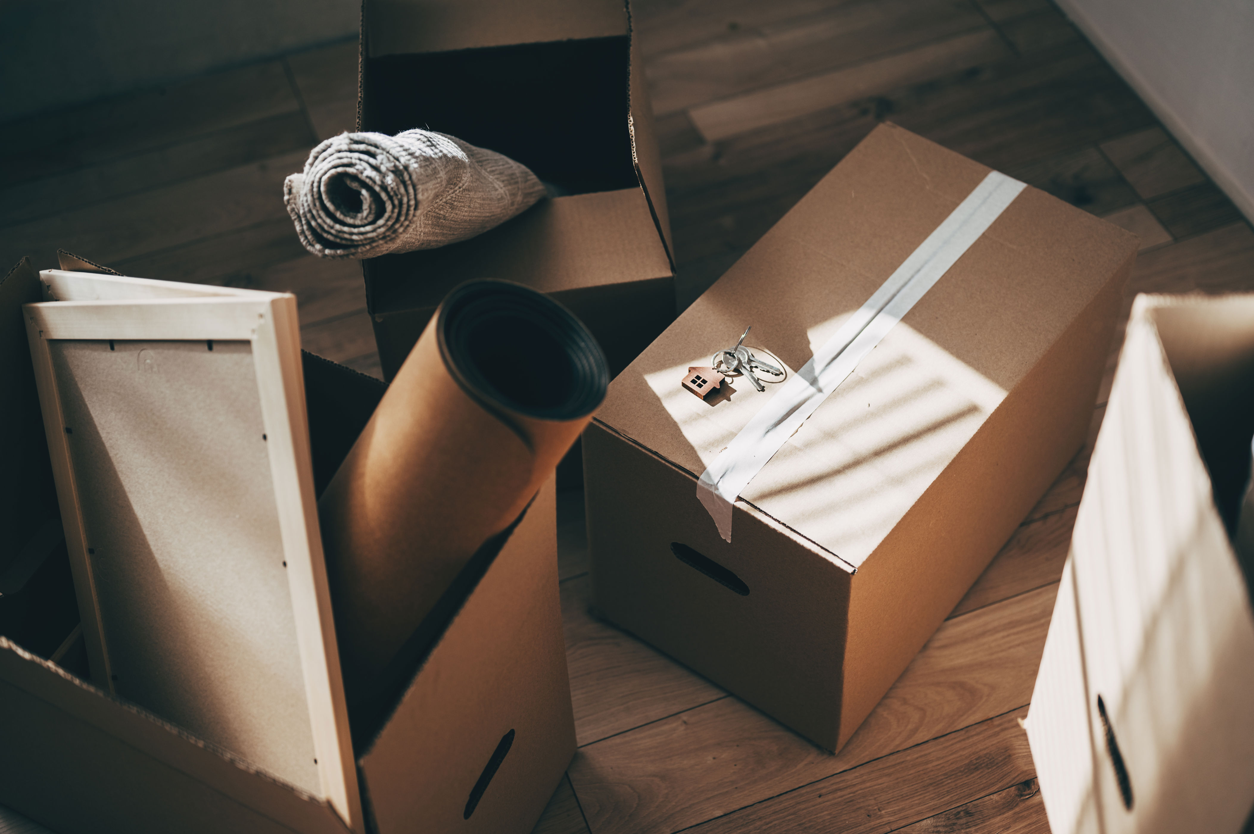 Moving boxes with rolled rugs and a picture frame on a wooden floor