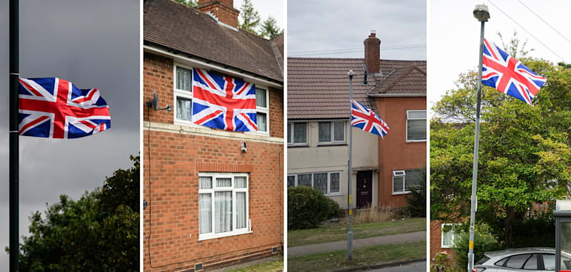 DWOSB KOMBO BIRMINGHAM, ENGLAND - AUGUST 18: A Union Flag flies above a residential street on August 18, 2025 in Birmingham, England. Birmingham City Council has removed Union and England flags installed by local groups, who say they are hanging them across the Weoley Castle and Northfield areas as an