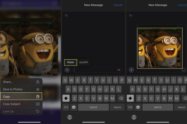 Steps showing how to copy and paste a GIF into a text message on an iPhone