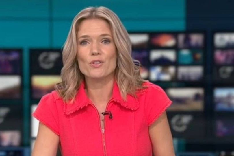 A blonde woman in red on the ITV evening news