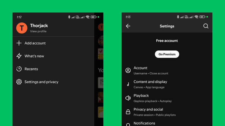 Spotify settings and menu on Android app