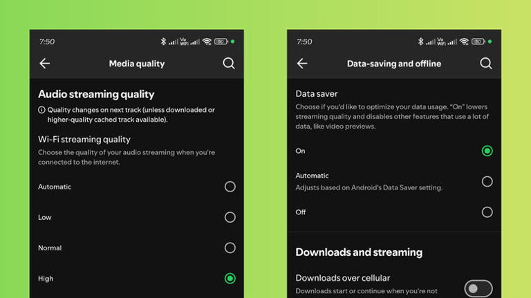 Spotify setting on Android showing Media quality and Data-saving and offline