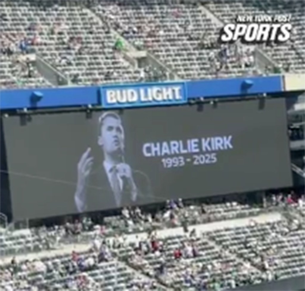 The Jets paid tribute to the late Charlie Kirk before their Week 2 matchup against the Bills at MetLife Stadium. NYP/X