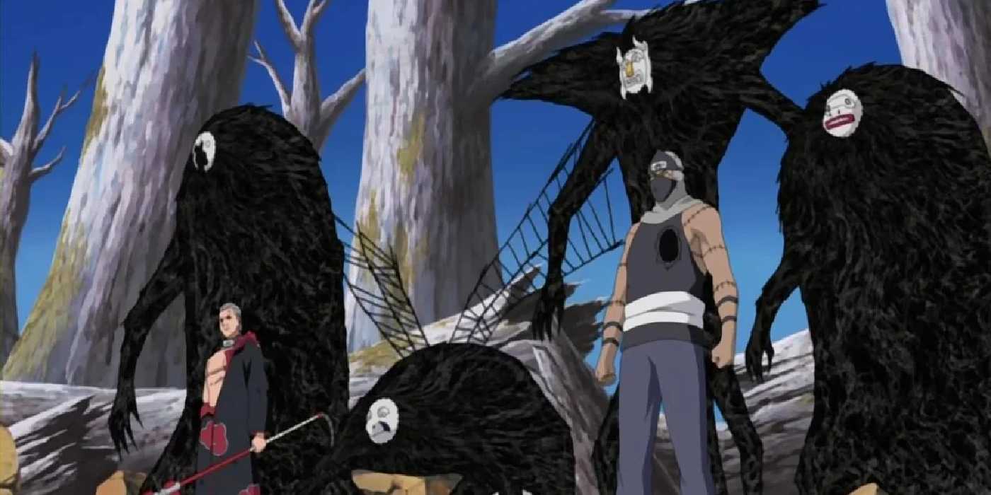 Naruto's Hidan and Kakuzu stand in front of Kakuzu's four cores which are all separated from his body.