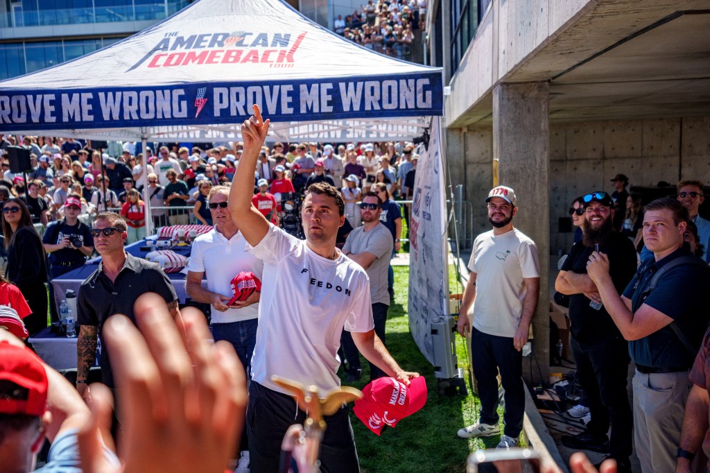 Charlie Kirk throws hats to the crowd shortly before he was shot at a Utah Valley University on September 10, 2025. via REUTERS