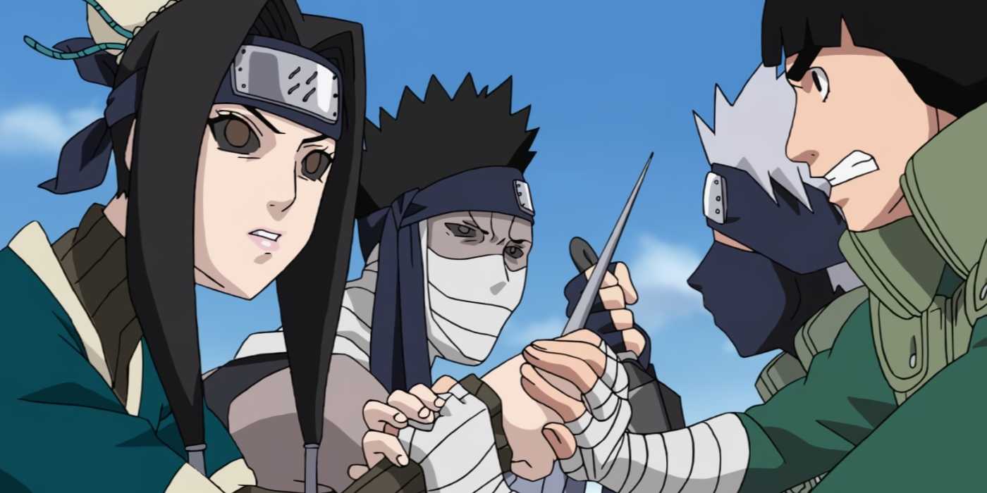 Zabuza and Haku, both under Kabuto's control, fighting Kakashi and Lee