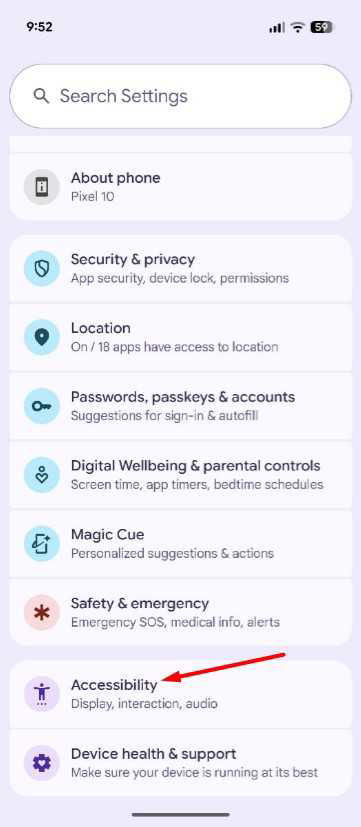 Accessibility option in Pixel Settings.