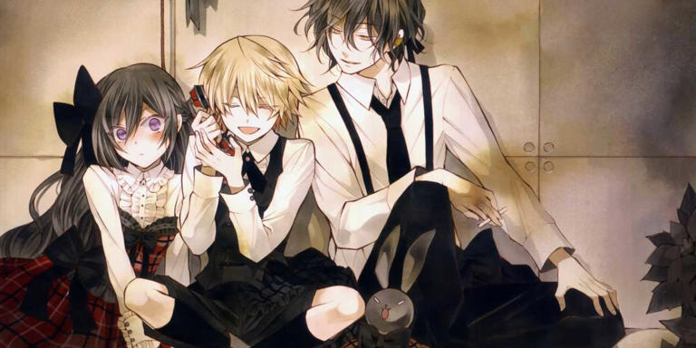 Gilbert, Oz, and Alice from Pandora hearts wearing black and white clothes and sitting against a gray wall