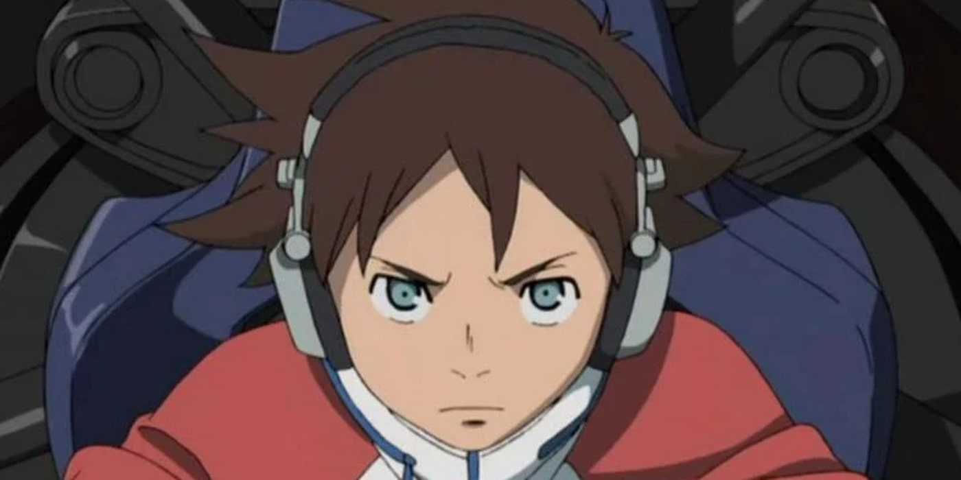 Renton Thurston from Eureka Seven is positioned within a cockpit