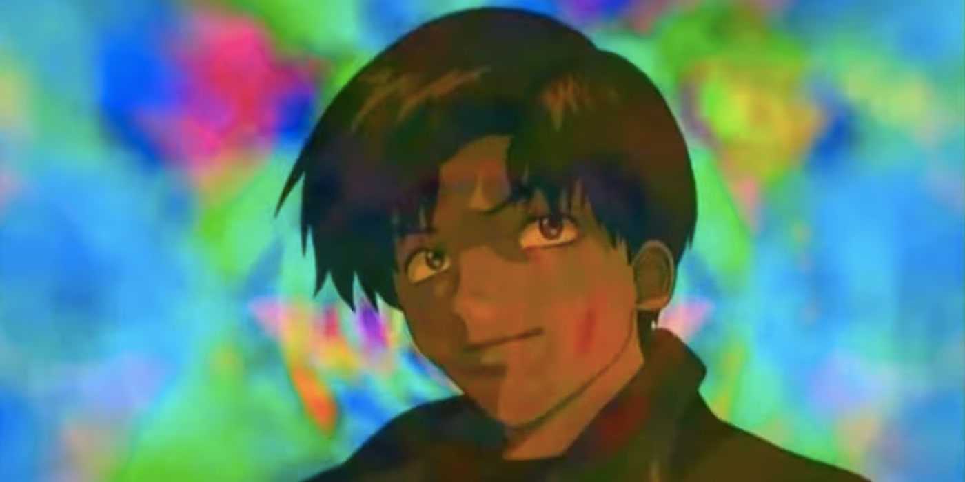 A still from s-CRY-ed shows Kazuma in front of a psychedelic vortex