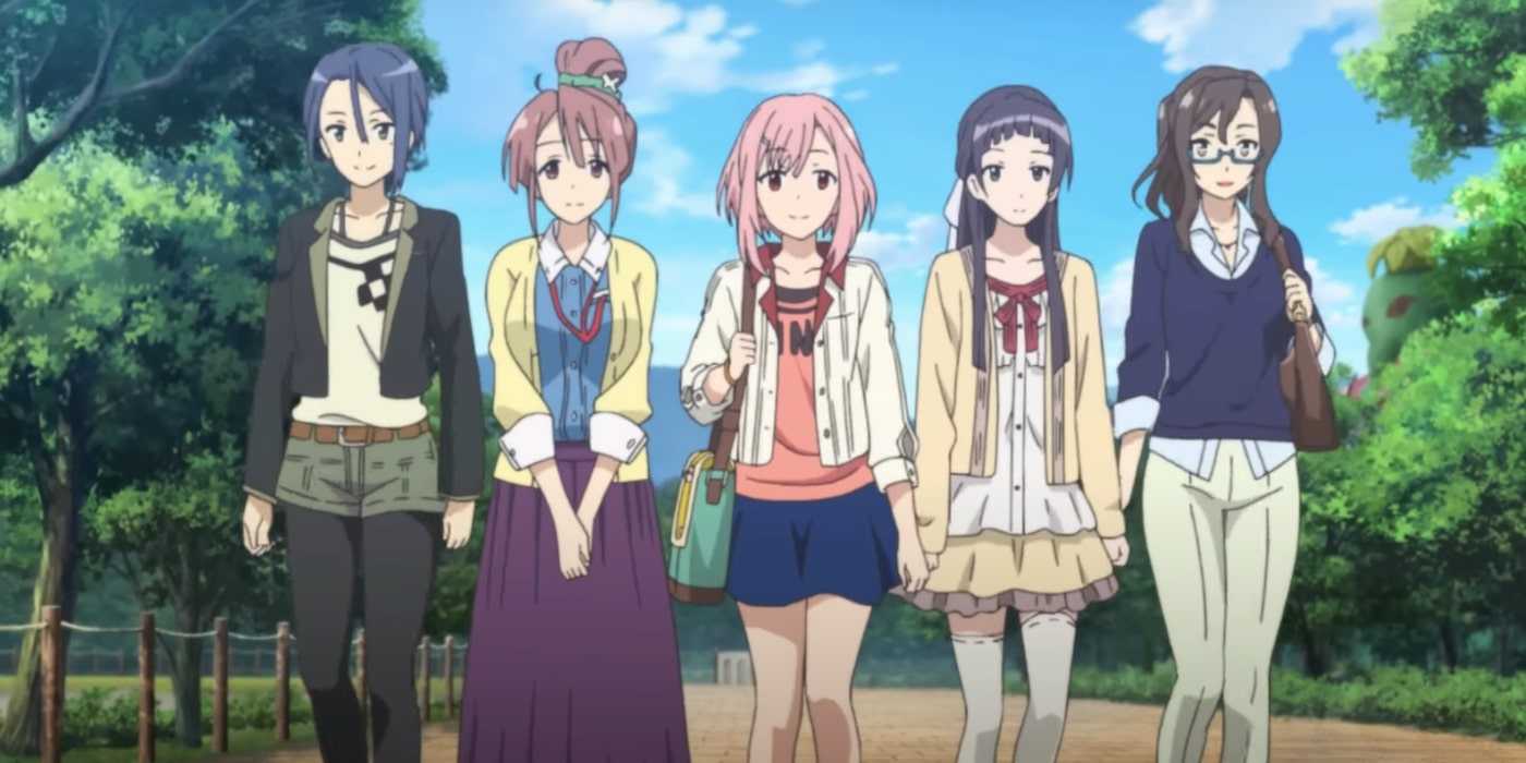 The cast of Sakura Quest walk side by side in a frame from the Morning Glory opening