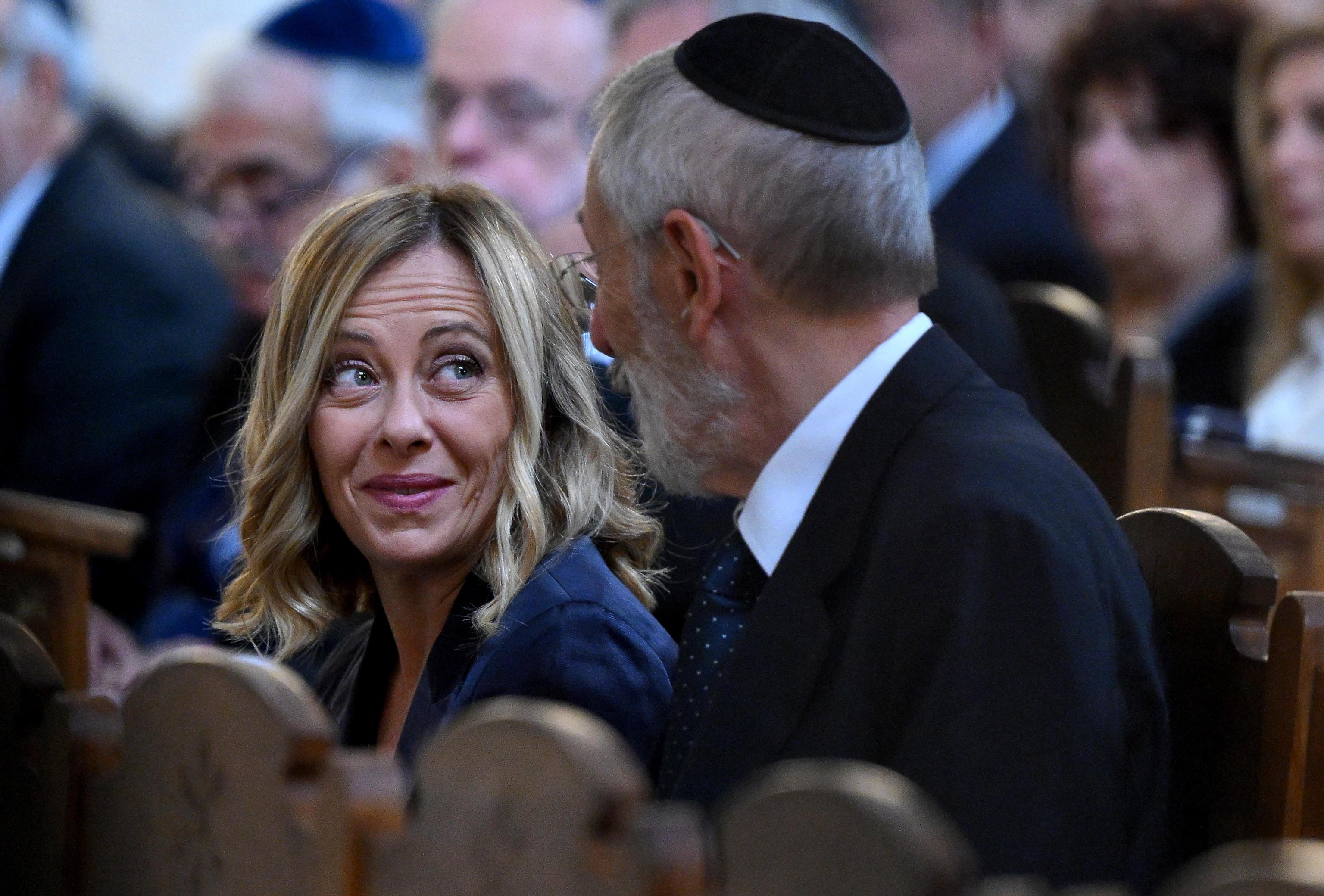 Italian Prime Minister Giorgia Meloni attends a commemorative ceremony for the 07 October Hamas attacks in Israel, at the Tempio Maggiore in Rome, Italy, 07 October 2024. 07 October 2024 marks one year since the Palestinian militant group Hamas launched a surprise attack on Israel, killing 1,200 and abducting over 250, and one year since Israel began its war on Gaza, killing more than 41,000 and destroying the Palestinian enclave. ANSA/ETTORE FERRARI