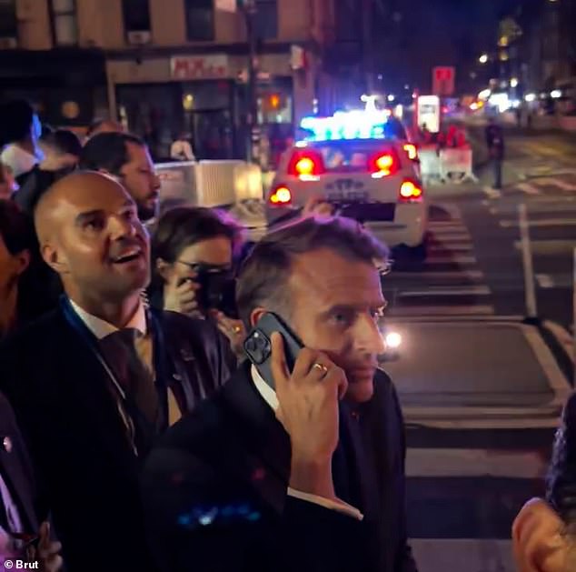 Emmanuel Macron is stopped by New York cops as street is closed for