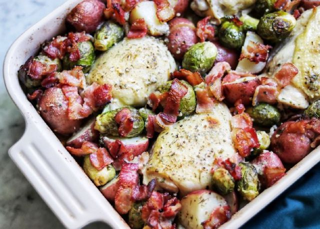 Ranch-Baked Chicken Thighs with Bacon, Brussels Sprouts, and Potatoes