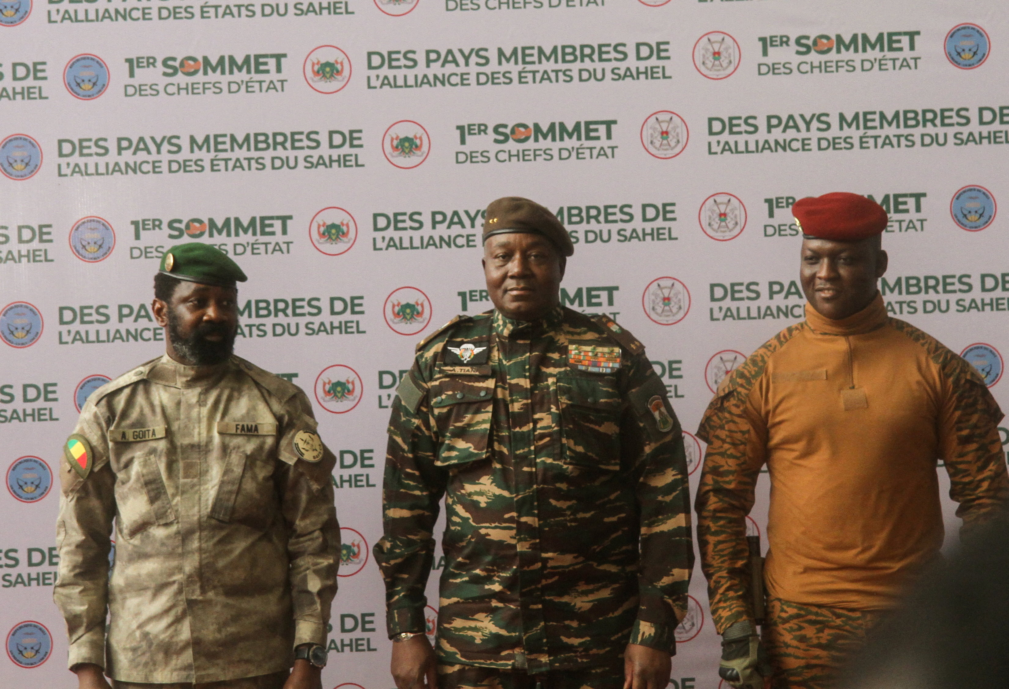From left, the heads of state of the three countries: Mali's Assimi Goita, Niger's General Abdourahamane Tchiani and Burkina Faso's Captain Ibrahim Traore [File: Mahamadou Hamidou/Reuters]