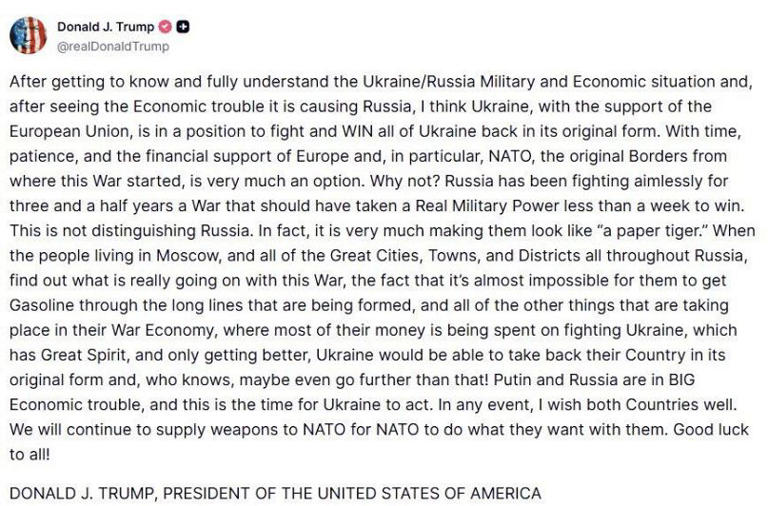 US President Donald Trump's post on Truth Social about Ukraine @realDonaldTrump/Truth Social