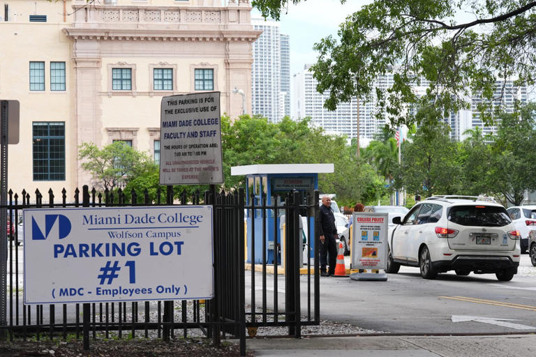Republican Florida Gov. Ron DeSantis is proposing that President Donald Trump's presidential library be built in a parking lot that is currently used by Miami-Dade College staff and faculty and is adjacent to the Freedom Tower, Tuesday, Sept. 23, 2025, in Miami. (AP Photo/Marta Lavandier)