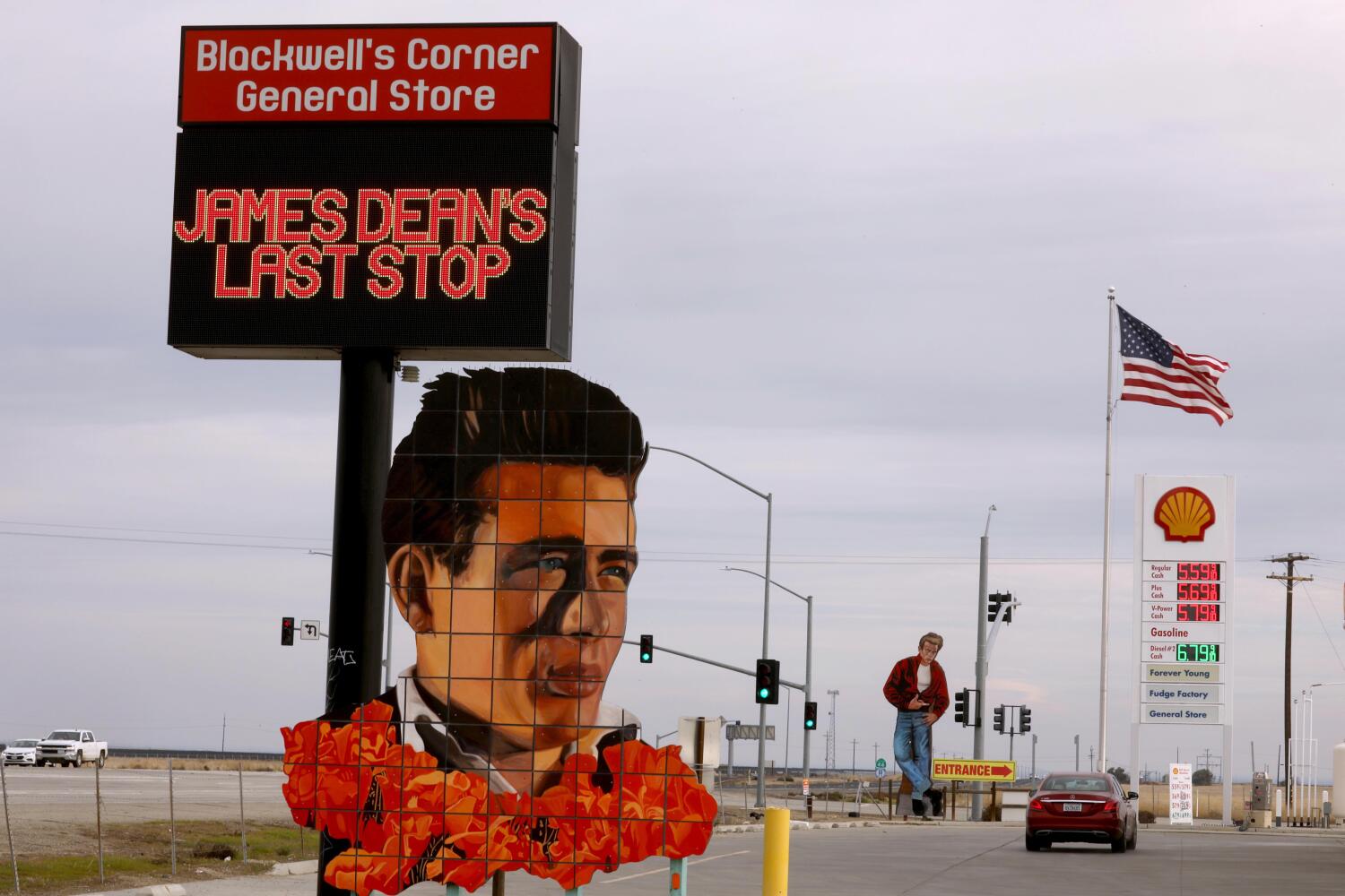 Gigantic wood paneled images of actor James Dean draw visitors to Blackwells Corner General Store