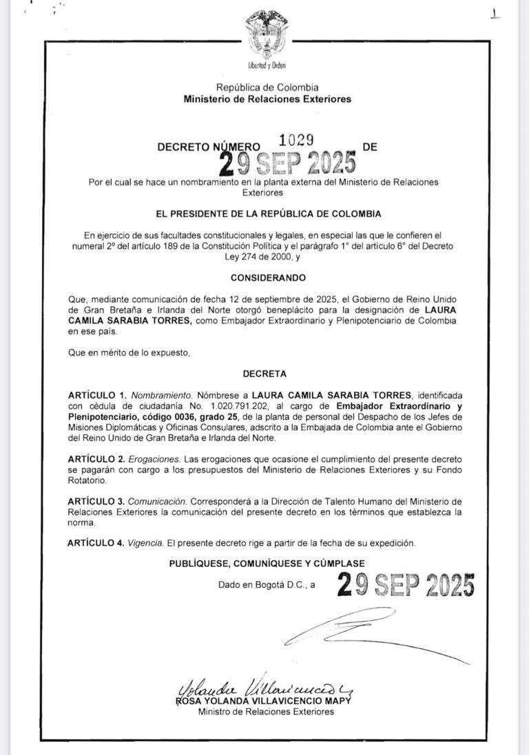 Decreto de nombramiento de Laura Sarabia como nueva embajadora de Colombia en Reino Unido.