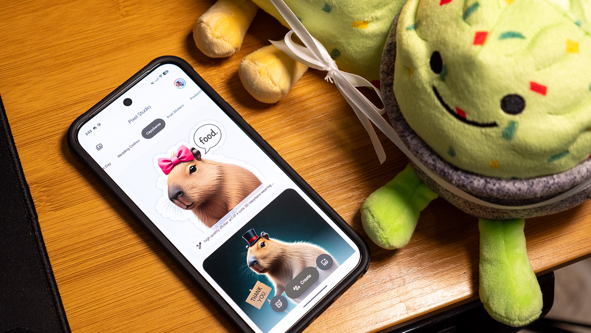 Making a meme with capybaras on the Pixel Studio app on a Google Pixel 10 Pro XL