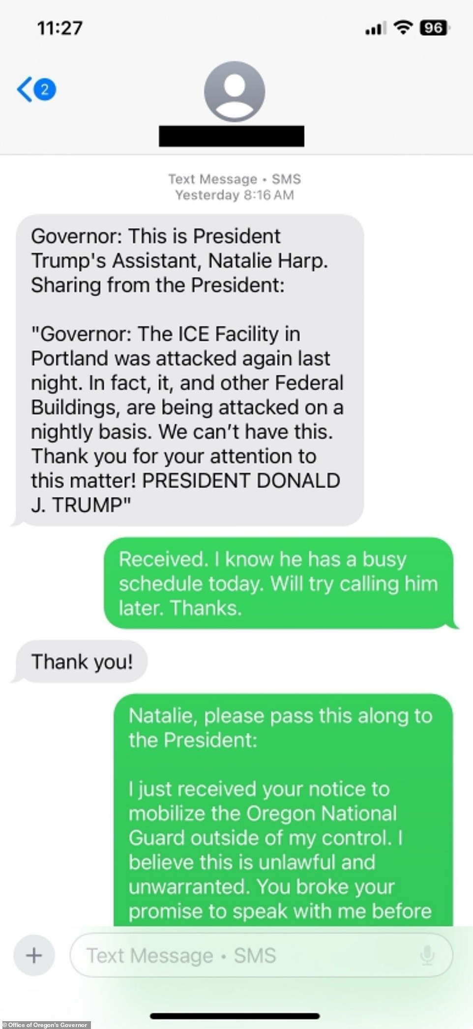 Leaked texts expose Trump's scathing reply to Oregon Governor