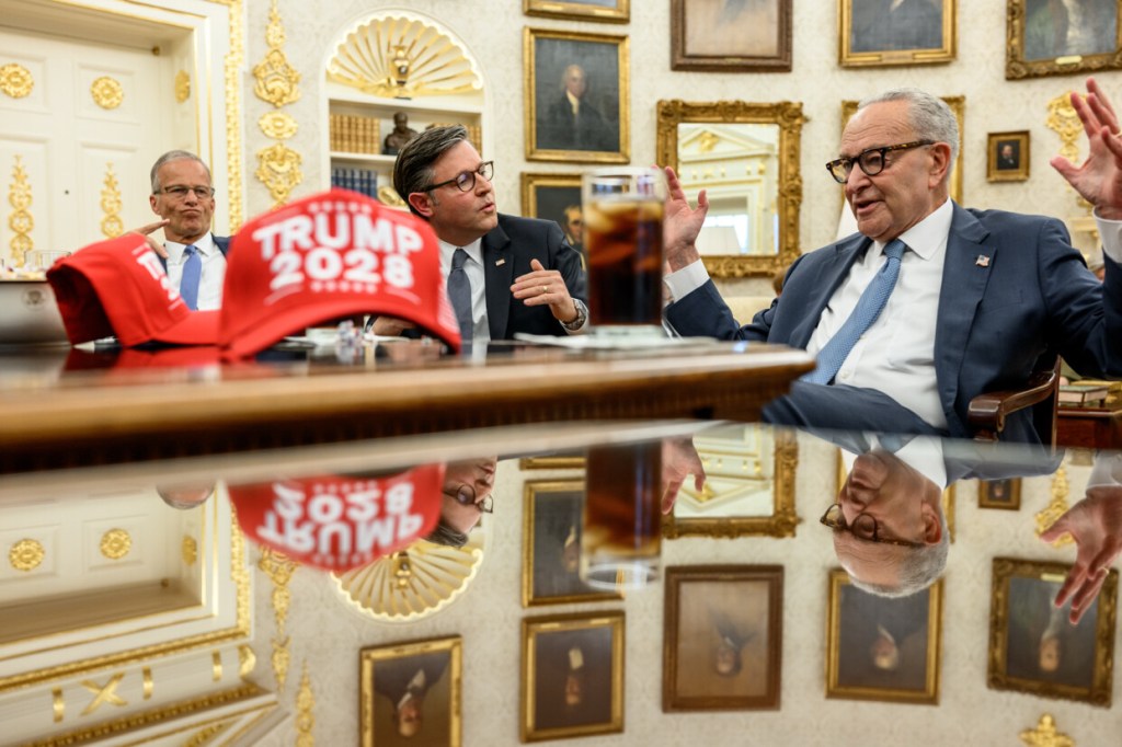 President Trump teased top Democratic leaders with ��Trump 2028�� hats during a high-stakes Oval Office meeting on the looming government shutdown. @realDonaldTrump/TruthSocial