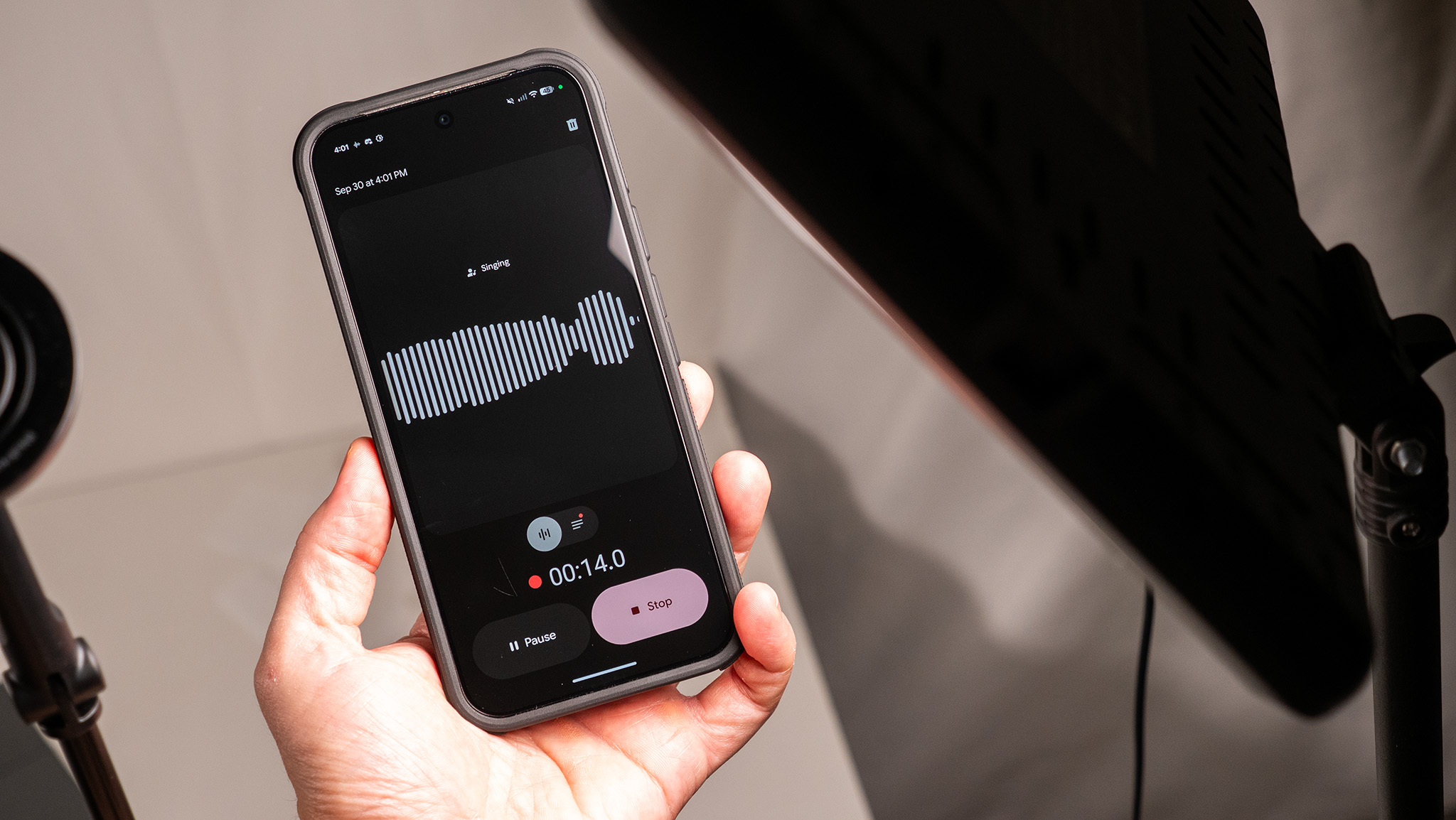 Recording myself singing on the Google Recorder app on a Google Pixel 10 Pro XL