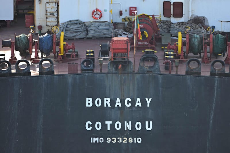 TOPSHOT - This aerial picture taken on October 1, 2025 off the coast of the western France port of Saint-Nazaire shows the tanker Boracay from Russia's so-called