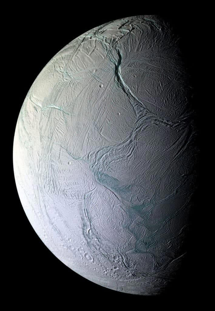 View of Enceladus. NASA/JPL/Space Science Institute.