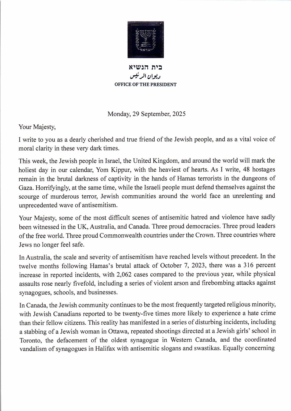 Israeli President makes unprecedented plea to King Charles