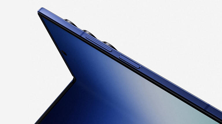 A close-up of a Samsung Galazy Z Fold7 or z Flip 7 folding in blue.
