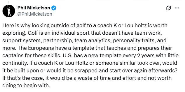 Phil Mickelson pours cold water on Tiger Woods' Ryder Cup captaincy and names two alternatives