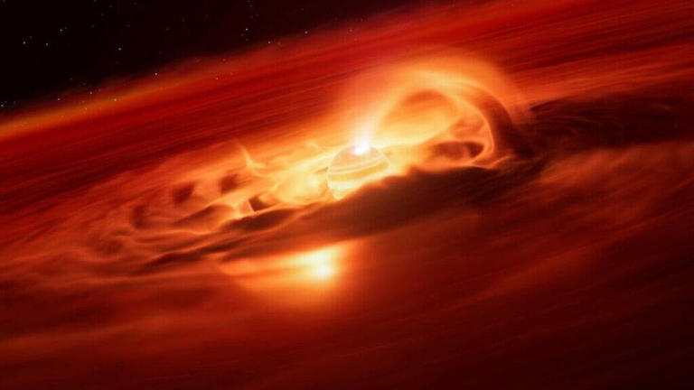 An artists impression showing the rogue planet Cha 1107-7626 and the accretion disk around it.